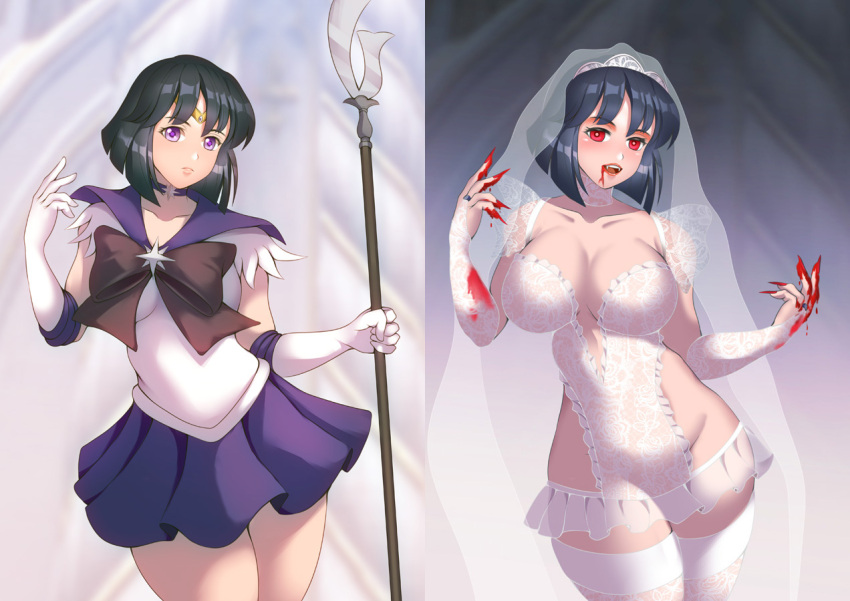before_and_after black_hair blood breast_expansion breasts bridal_gauntlets bridal_veil corruption fangs femsub gloves haryudanto huge_breasts large_breasts monster opera_gloves purple_eyes red_eyes sailor_moon_(series) sailor_saturn short_skirt small_breasts thighhighs uniform vampire weapon wedding_dress
