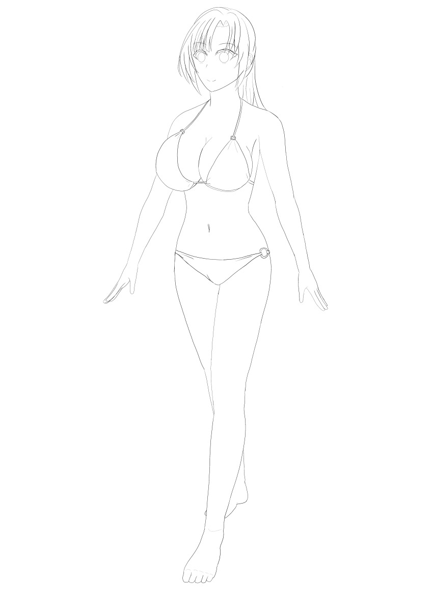 absurdres barefoot bikini bra breasts do_you_love_your_mom_and_her_two_hit_multitarget_attacks female_only femsub greyscale happy_trance large_breasts lineart mamako_osuki midriff milf monochrome navel shrunken_irises smile soex solo underwear