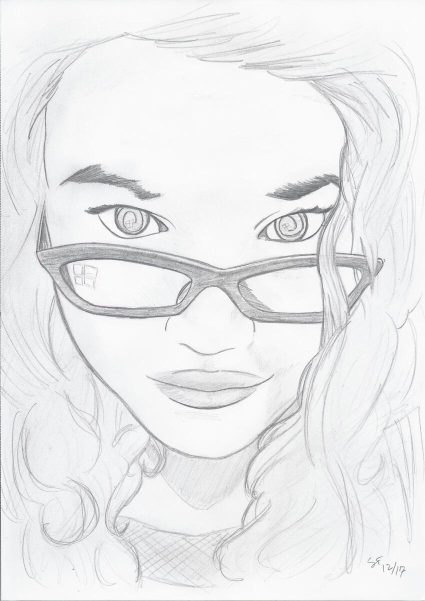 dirtydisneykink female_only femdom glasses looking_at_viewer original sketch smile solo spiral_eyes symbol_in_eyes