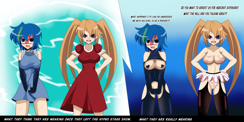 absurdres altered_perception angry bare_shoulders before_and_after blonde_hair blue_hair blush body_writing bottomless breasts breasts_outside clothed_exposure collarbone dialogue dress empty_eyes female_only femsub garter_straps gloves gradient_background grey_eyes hand_on_hip heart high_school_dxd humor idpet irina_shidou large_breasts miniskirt multiple_girls multiple_subs navel nipples nude open_mouth opera_gloves pasties purple_eyes pussy short_hair simple_background skirt text thighhighs topless tutu unaware very_long_hair xenovia_quarta