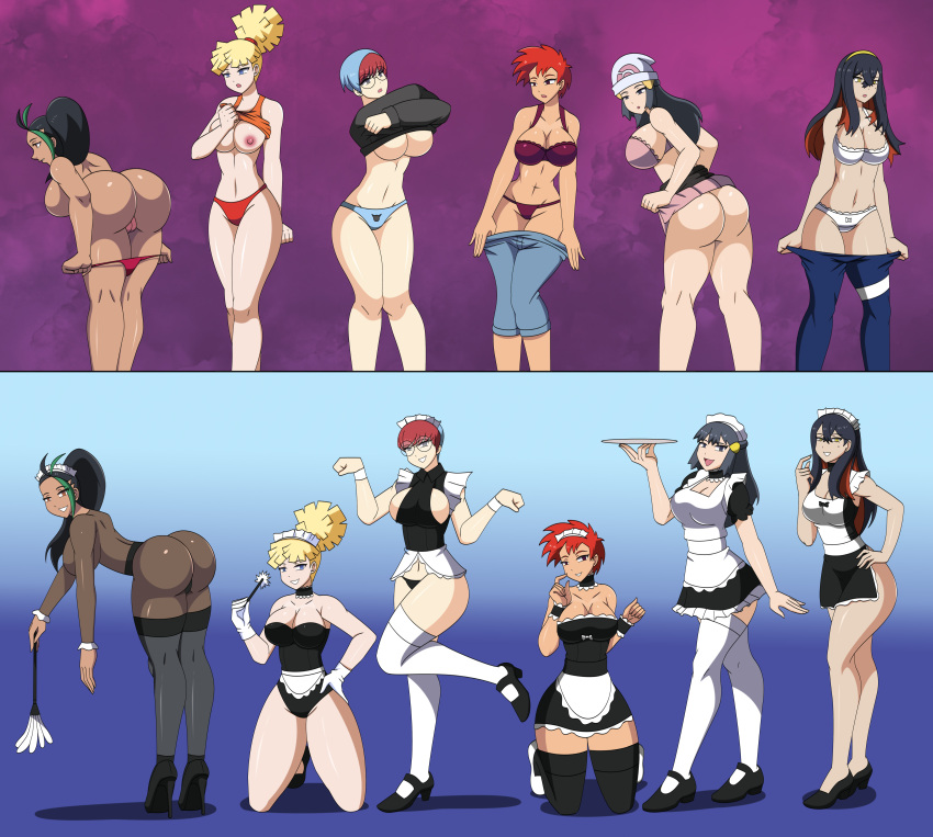 alternate_costume ass ass_focus bebe_(pokemon) before_and_after bent_over black_hair blonde_hair blue_hair bodysuit breasts carmine_(pokemon) cleavage clothed_exposure dawn dlobo777 dress exposed_chest feather_duster female_only femsub green_hair hair_ornament happy_trance hat jeans kneeling large_ass large_breasts large_hips long_hair maid maid_headdress multicolored_hair multiple_girls multiple_subs nemona_(pokemon) nintendo nipples orange_hair panties penny_(pokemon) pokemon pokemon_(anime) pokemon_diamond_pearl_and_platinum pokemon_scarlet_and_violet ponytail posing presenting pussy shirt_lift short_hair sideboob skirt_lift thighhighs thong tray underboob underwear undressing zoey_(pokemon)