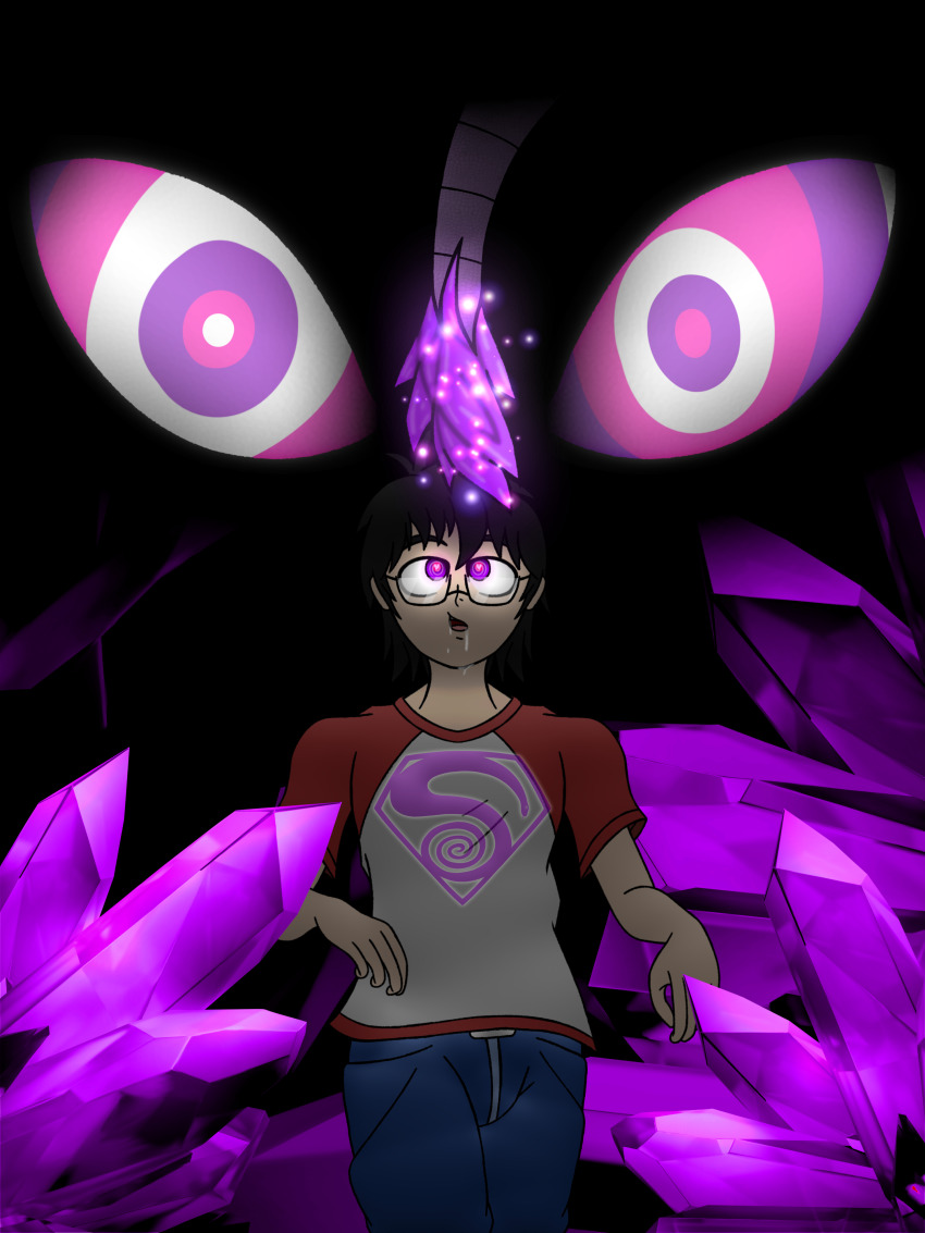 absurdres black_hair clark_kent clothed crystal dc_comics drool exkaizuhan glasses glowing glowing_eyes heart_eyes hypnotic_tail jeans kaa_eyes male_only malesub open_mouth purple_eyes shirt short_hair snake spiral_eyes standing superman_(series) symbol_in_eyes