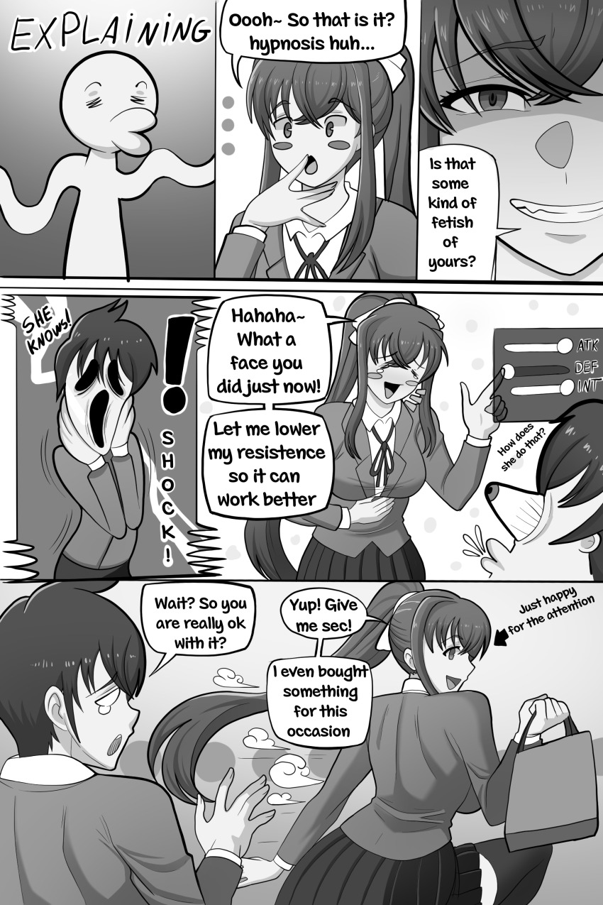 blush breasts clothed comic consensual dialogue doki_doki_literature_club english_text from_behind greyscale laughing long_hair monika parody ponytail skirt speech_bubble surprised tagme tears text the_iron_mountain white_eyes