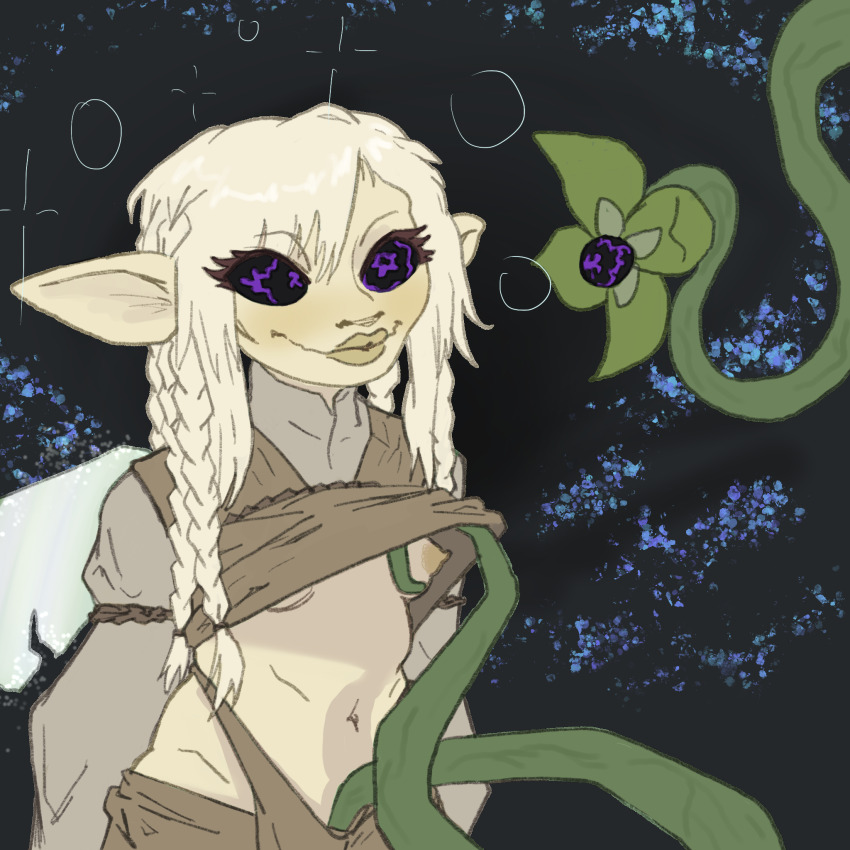 black_sclera blush braid breasts bubble coiledize dark_crystal deethra elf_ears femsub gelfling happy_trance hypnotic_plant navel outdoors plant purple_eyes shirt small_breasts smile sparkle symbol_in_eyes undressing vines