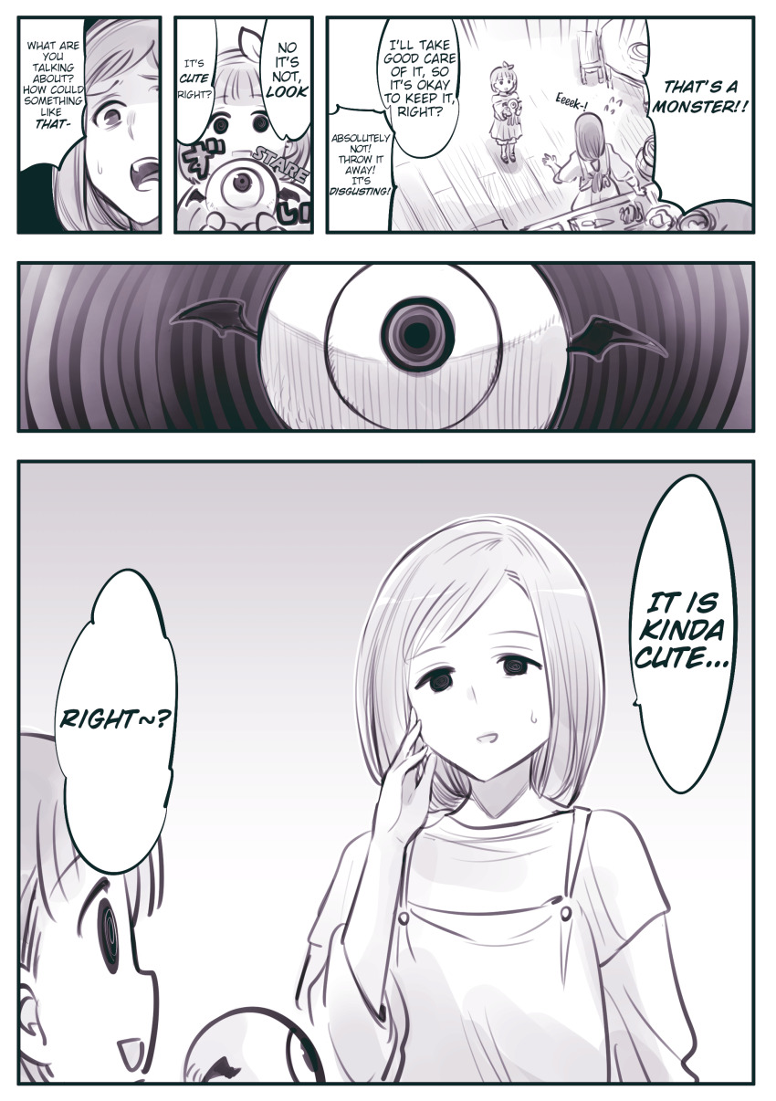 absurdres apron comic dialogue dress femsub greyscale hairband happy_trance hard_translated hypnotic_eyes hypnotized_assistant isiyumi loli ma_no_mono-tachi milf monochrome monster mother_and_daughter multiple_girls multiple_subs simple_background smile spiral_eyes surprised text translated