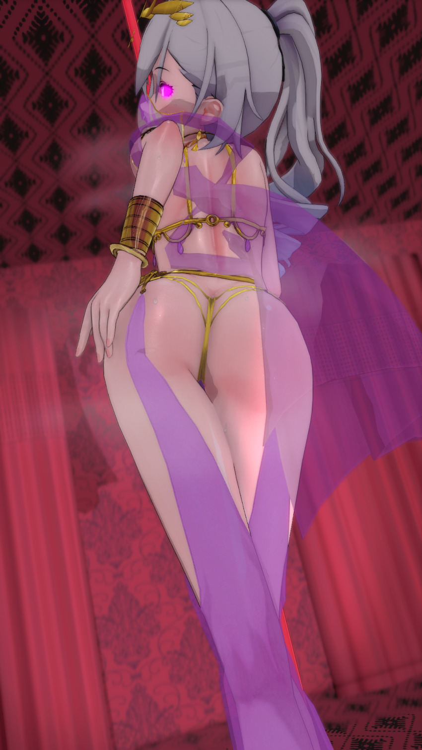 3d arm_bands ass breasts cameltoe collar dancer dancing drill_hair earrings female_only femsub glowing glowing_eyes grey_hair hair_ornament happy_trance harem_outfit honkai_star_rail koikatsu! midriff pole_dancing ponytail purple_eyes silver_hair silver_wolf_(honkai_star_rail) small_breasts solo sweat taihou1944 thighs veil