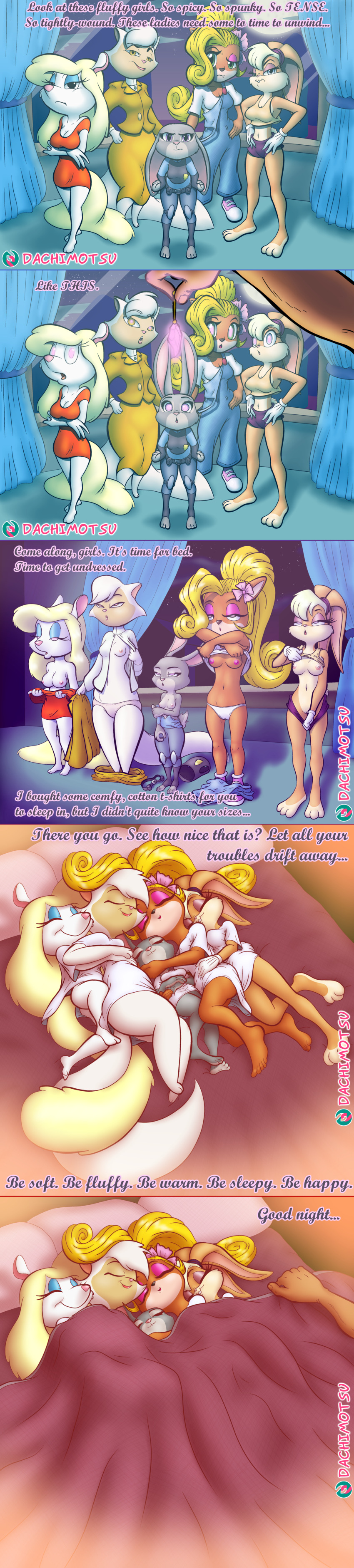 absurdres animaniacs bed breasts cats_don't_dance coco_bandicoot comic crash_bandicoot_(series) crossover crystal cuddling dachimotsu disney english_text faceless_male femsub furry hypnotic_eyes hypnotic_object judy_hopps lola_bunny looney_tunes minerva_mink nipples nude panties pussy sawyer_cat shirt sleep_command sleeping space_jam text underwear undressing wholesome zootopia