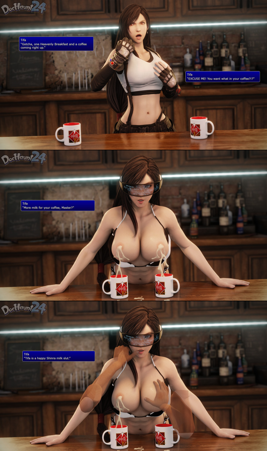 3d absurdres altered_perception alternate_costume before_and_after belted_skirt breast_grab breasts brown_hair cleavage collarbone comic cow_girl cow_print dialogue dochaunt drool femsub final_fantasy final_fantasy_vii finger_to_mouth groping humiliation hypnotic_screen lactation large_breasts midriff navel prostitution red_eyes resisting skirt sportswear square_enix tech_control text tifa_lockhart topless undressing visor waitress watermark