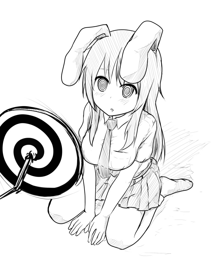 absurdres animal_ears blush breasts bunny_ears bunny_girl drool etlabsotwe expressionless female_only femsub greyscale hypnotic_spiral kneeling large_breasts long_hair open_mouth reisen_udongein_inaba school_uniform shirt sitting sketch skirt socks spiral spiral_eyes symbol_in_eyes tie touhou