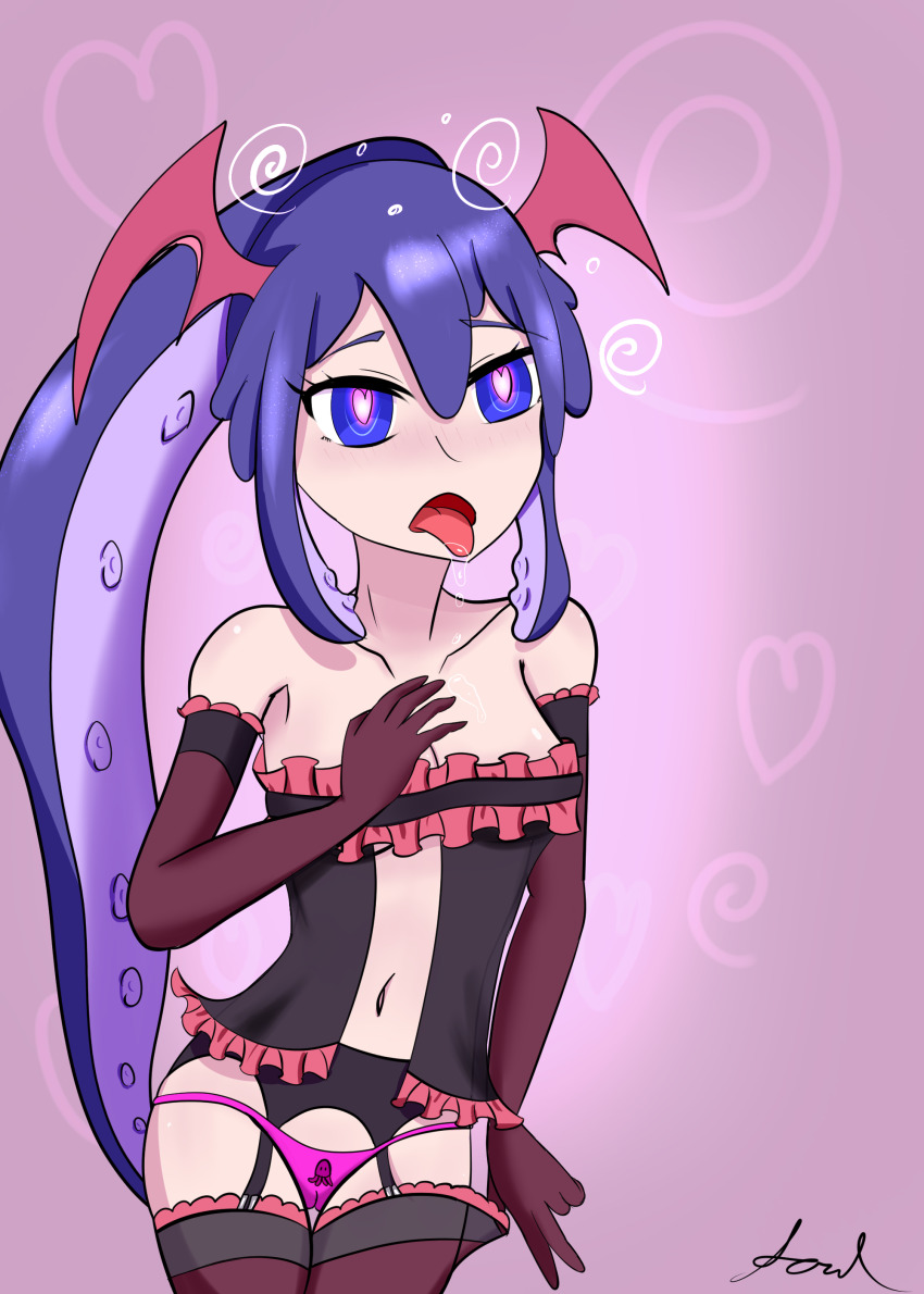 absurdres blue_eyes blush breasts character_request cleavage cosplay dazed demon_girl drool female_only femsub garter_belt gloves heart heart_eyes kono_subarashii_sekai_ni_shukufuku_wo! lingerie midriff monster_girl open_mouth opera_gloves original panties purple_hair soul squid succubus symbol_in_eyes tentacles thighhighs tongue tongue_out twintails underwear wings