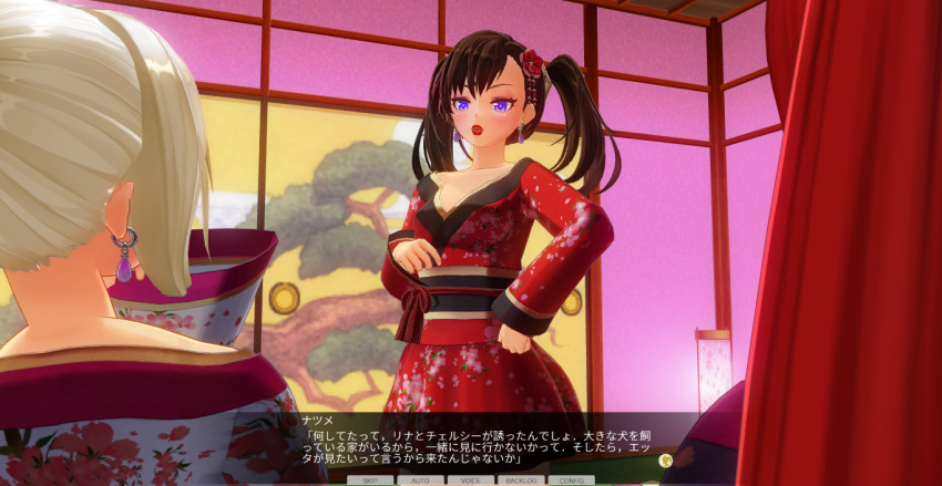 3d blue_eyes blush breasts brown_hair chelsea_(mc_trap_town) dialogue female_only japanese_clothing kamen_writer_mc kimono large_breasts lipstick mc_trap_town multiple_girls ponytail red_lipstick rina_(mc_trap_town) screenshot text translated twintails white_hair