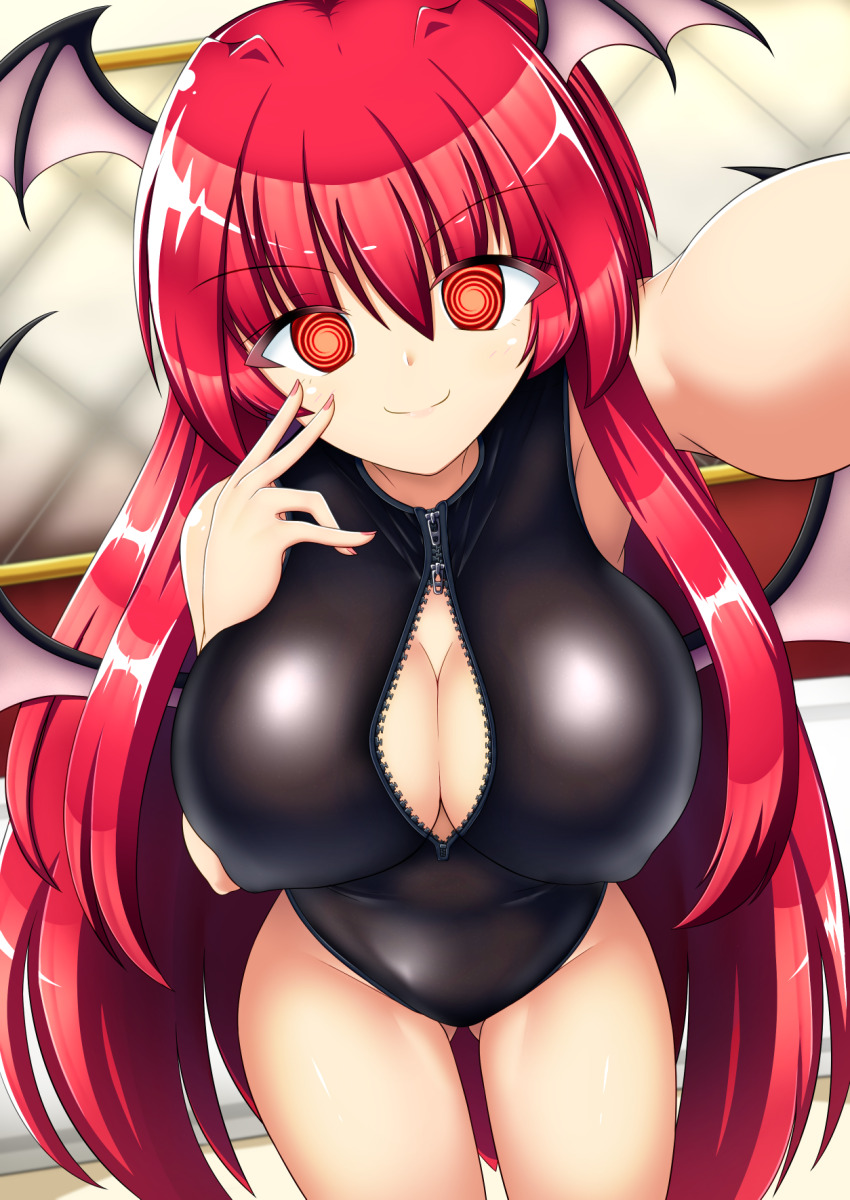 bare_legs bare_shoulders bat_wings breasts cleavage erect_nipples female_only femdom icontrol_(manipper) kagayama_hajime koakuma large_breasts leotard long_hair looking_at_viewer manip monster_girl one-piece_swimsuit pov pov_sub red_hair smile solo spiral_eyes succubus swimsuit symbol_in_eyes touhou v very_long_hair wings