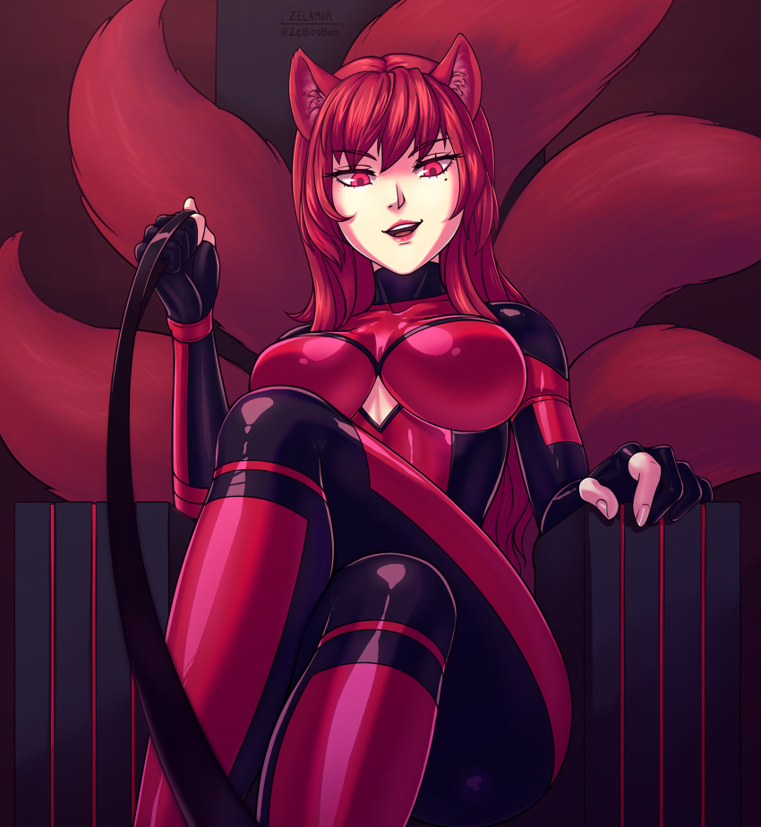 anno_(anno) bodysuit breasts female_only femdom fox_ears fox_girl fox_tail glowing glowing_eyes kitsune_girl large_breasts latex leash long_hair looking_at_viewer original pov pov_sub red_eyes red_hair smile zelamir