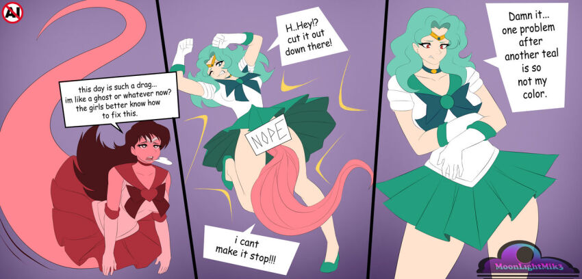 bare_legs breasts brown_eyes censored clothed comic crossed_arms dialogue english_text eye_color_change female_only femdom femsub ghost ghost_girl gloves green_eyes humor legs long_hair moonlightmik3 one_eye_open open_mouth possession purple_background red_eyes sailor_mars sailor_moon_(series) sailor_neptune shoes signature simple_background skirt speech_bubble thighs