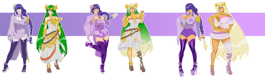 abs alternate_costume alternate_hair_color anklet ass ass_expansion banedearg bangs before_and_after bimbofication blonde_hair blue_eyes bracelet braid breast_expansion breast_grab breasts cleavage collarbone crown femsub genshin_impact gloves goddess green_eyes green_hair hair_ornament hand_on_hip high_heels holding_breasts huge_breasts jewelry kid_icarus large_breasts large_hips large_lips light_skin lip_expansion long_hair long_nails midriff multiple_girls multiple_subs nail_polish nintendo pale_skin palutena posing purple_hair raiden_shogun_(genshin_impact) short_skirt shorts simple_background skirt smile standing tagme tan_skin thighhighs toga very_long_hair