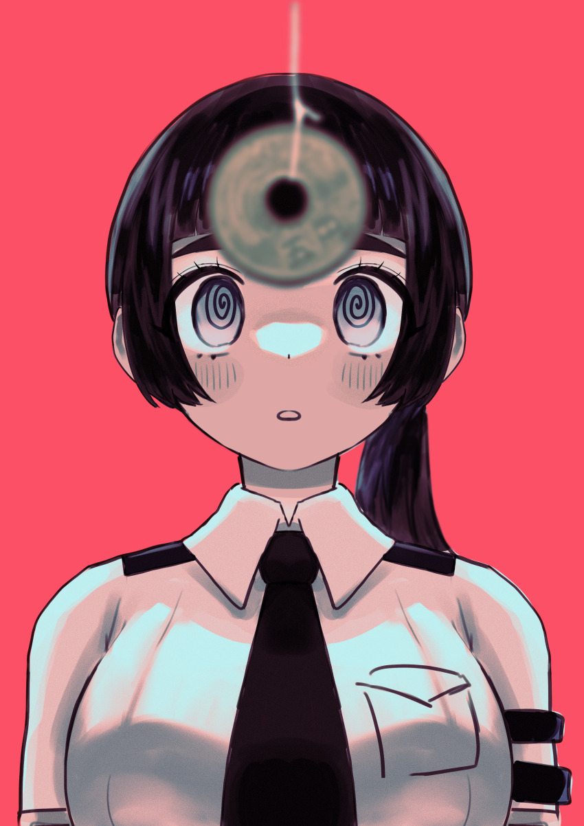 arm_bands aun_do_o black_hair blue_eyes blush breasts choujun!_choujou-senpai expressionless female_only femsub nao_ippongi ponytail red_background simple_background solo spiral_eyes straight-cut_bangs symbol_in_eyes tie