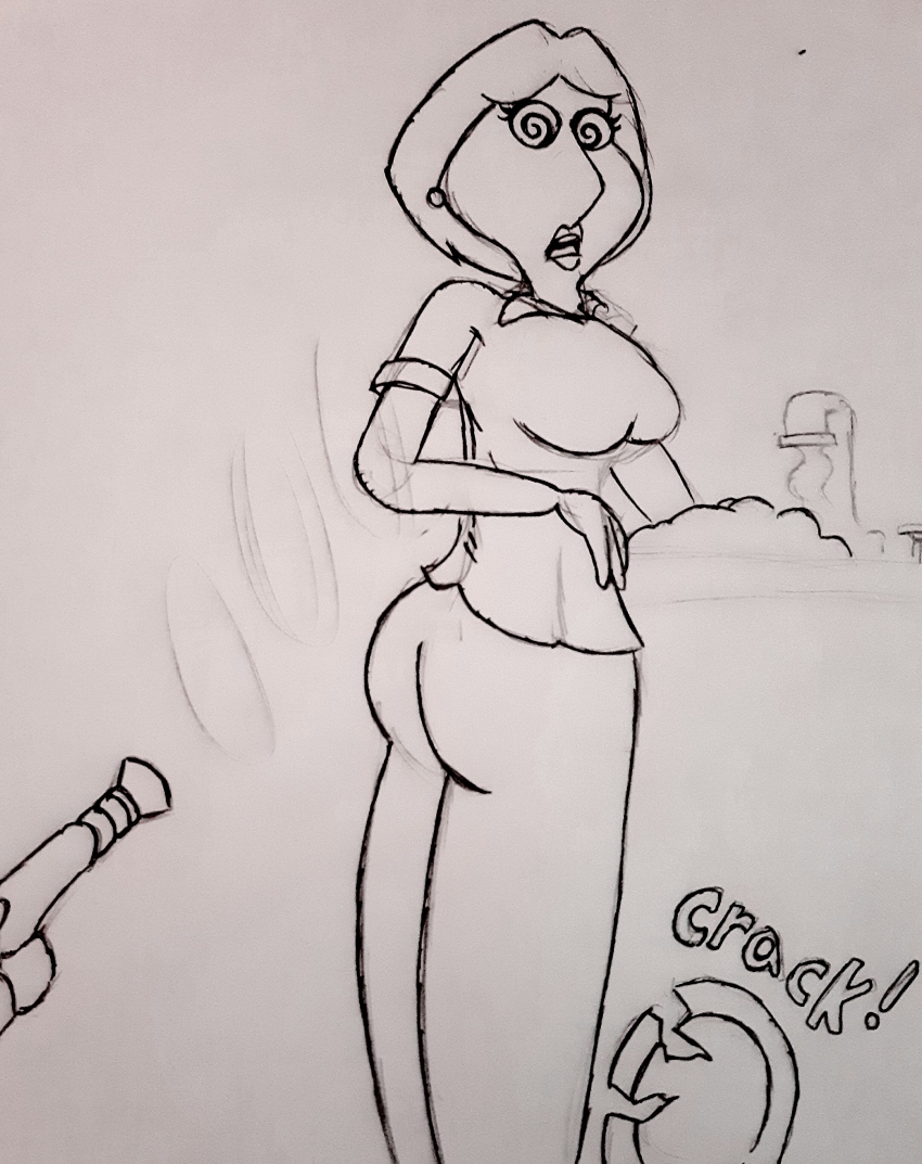 absurdres breasts family_guy female_only femsub greyscale hypnotic_gun itemshoplifter large_breasts lois_griffin open_mouth raygun spiral_eyes symbol_in_eyes traditional white_background