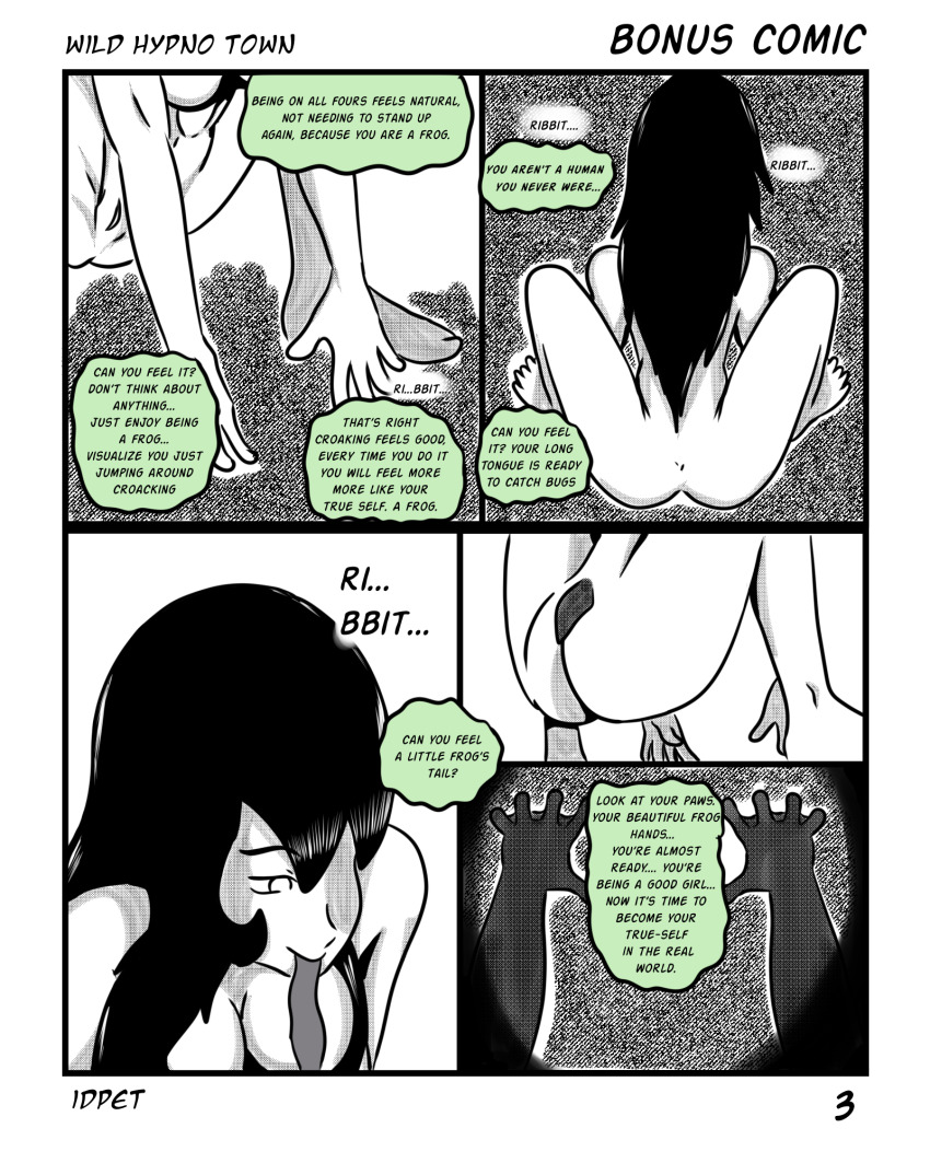 all_fours altered_perception black_hair bottomless cindy_(idpet) comic drool empty_eyes expressionless femdom femsub frog frog_girl green_hair greyscale happy_trance idpet lara_(idpet) monochrome nude original pet_play pussy text topless