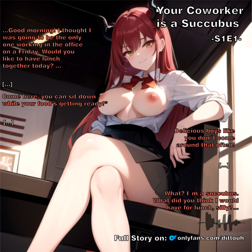 ai_art breasts crossed_legs demon demon_girl dialogue dittouh_(generator) femdom horns long_hair male_pov malesub office office_lady open_shirt pov red_hair seductive_smile skirt smile smirk story succubus text yellow_eyes