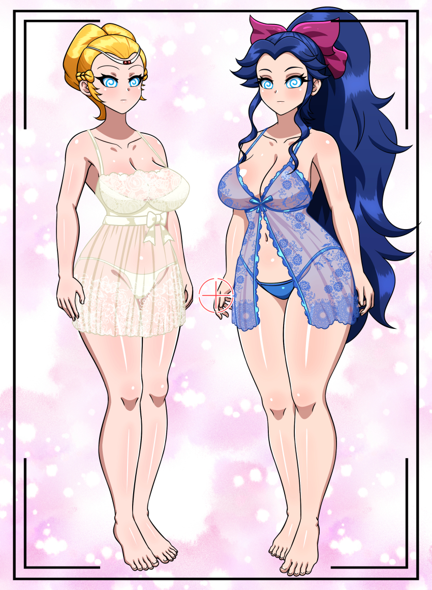 absurdres babydoll barefoot blonde_hair blue_hair breasts cleavage crossover expressionless femsub hair_ribbon large_breasts lingerie long_hair maledom megumi_oka ponytail princess_allura ribbon see-through spiral_eyes symbol_in_eyes underwear voltes_v voltron_defender_of_the_universe yensh