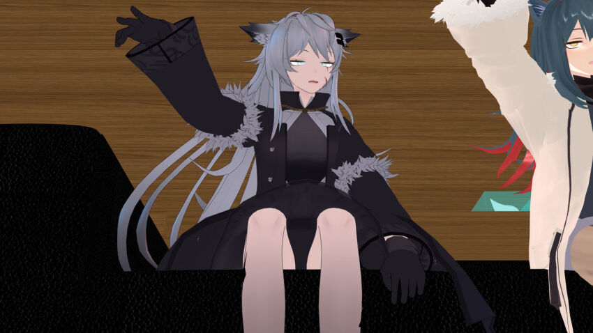 3d airmotor animal_ears arknights arm_levitation bare_legs black_hair blue_eyes boots clothed coat couch crossed_eyes dress empty_eyes female_only femsub fur_coat gloves grey_hair hair_clips heavy_eyelids hoodie jewelry lappland_(arknights) long_hair mmd multicolored_hair multiple_girls multiple_subs necklace office open_mouth orange_eyes pantyhose red_eyes red_hair scar scarf scars sharp_teeth short_hair shorts sitting skirt texas_(arknights) tights traditional_hypnosis upskirt wolf_girl