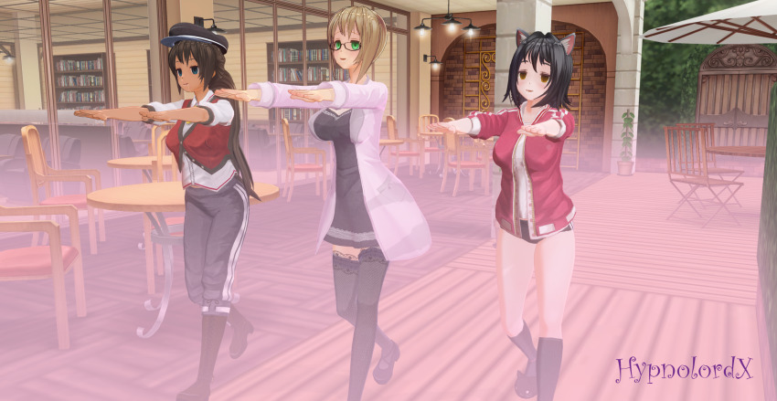 3d animal_ears black_hair breasts brown_hair cat_girl custom_maid_3d_2 dark_skin empty_eyes female_only femsub glasses happy_trance hypnolordx large_breasts ms._may_(hypnolordx) multiple_girls multiple_subs noir_(hypnolordx) open_mouth original ponytail short_hair smile sophie_reyes_(hypnolordx) very_long_hair zombie_walk