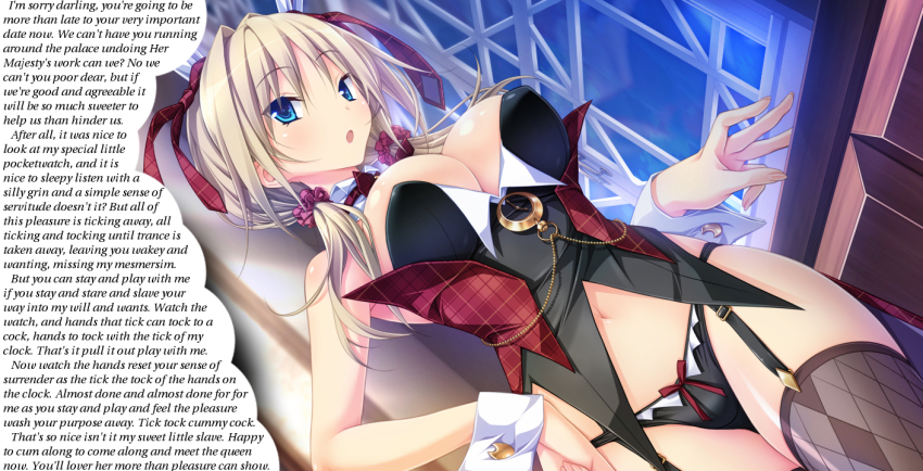 bare_shoulders blonde_hair blue_eyes breasts caption caption_only cleavage dialogue female_only femdom hair_ribbon large_breasts long_hair looking_at_viewer manip navel open_mouth panties pocket_watch pov pov_sub ribbon text thighhighs twintails underwear