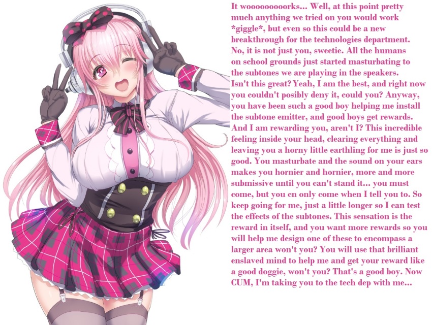 bow_tie breasts caption caption_only double_v femdom headphones huge_breasts hypsubject_(manipper) looking_at_viewer manip masturbation_command nitroplus orgasm_command pov pov_sub ribbon super_sonico text v wink