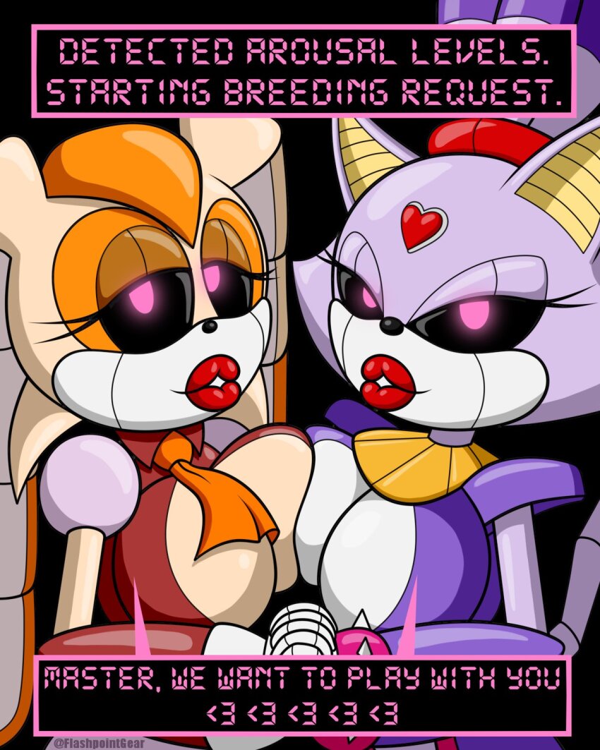 blaze_the_cat breast_press breasts bunny_girl cat_girl dialogue female_only femdom femsub flashpointgear furry happy_trance heart huge_breasts lipstick necklace pink_eyes ponytail robot robot_girl robotization smile sonic_the_hedgehog_(series) standing tech_control text tie vanilla_the_rabbit