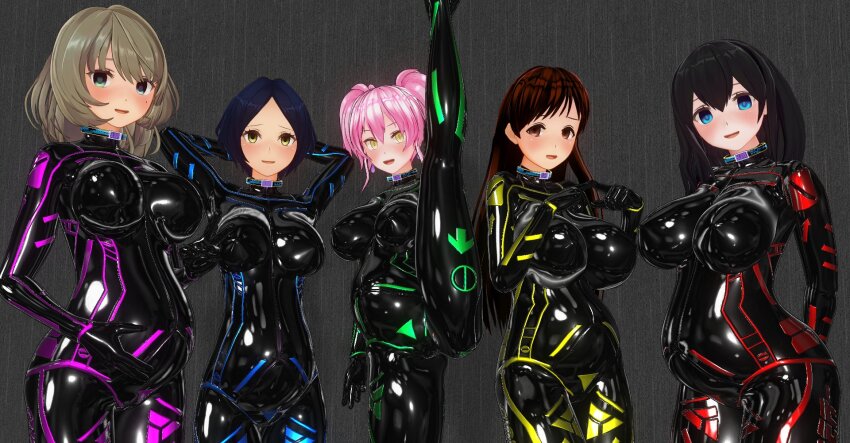 3d arms_above_head arms_behind_back black_hair blue_eyes bodysuit breasts brown_eyes brown_hair character_request collar custom_maid_3d_2 cyber-sexaroid_(dndniwana3s) empty_eyes female_only femsub green_eyes happy_trance heterochromia hidoi_koto_suru_man large_breasts latex long_hair looking_at_viewer multiple_girls multiple_subs pregnant rubber short_hair shy smile standing standing_split tech_control twintails yellow_eyes
