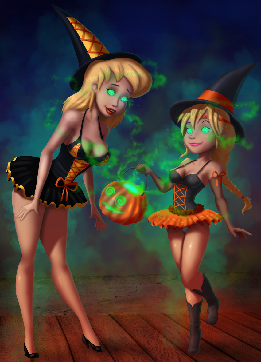 14-bis absurdres astrid_hofferson blonde_hair breasts dreamworks female_only femdom femsub glowing glowing_eyes halloween happy_trance hat high_heels how_to_train_your_dragon hypnotic_accessory hypnotized_hypnotist jack_o'_lantern large_breasts long_hair max's_mother mighty_max_(series) multiple_girls ponytail pumpkin short_hair spiral_eyes symbol_in_eyes western witch witch_hat