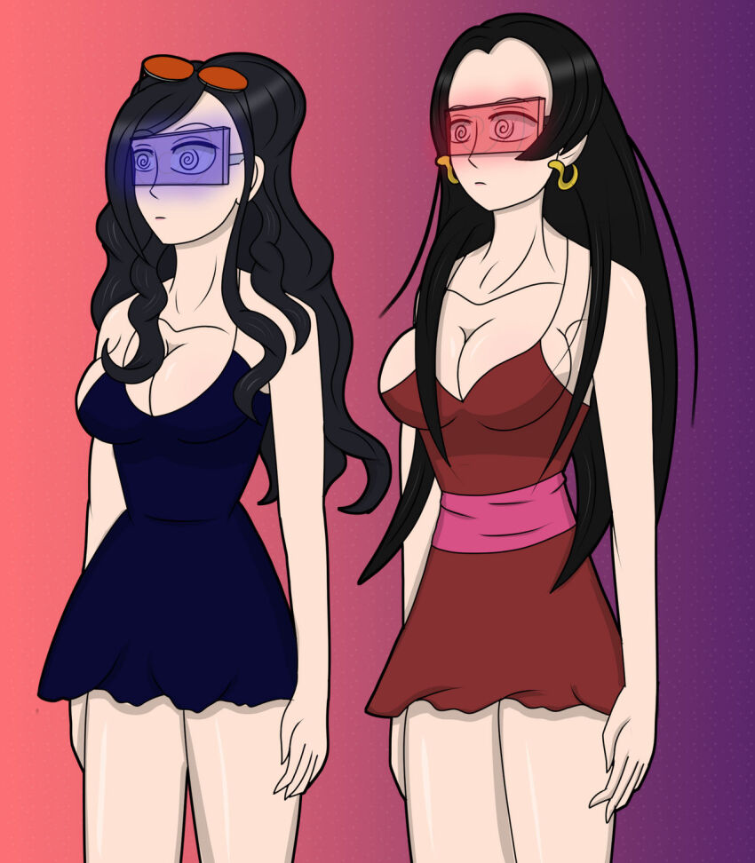 bare_legs black_hair boa_hancock breasts cleavage collarbone dress earrings empty_eyes expressionless femsub gradient_background hy2300 large_breasts long_hair multiple_girls multiple_subs nico_robin one_piece spiral_eyes standing standing_at_attention sunglasses symbol_in_eyes tech_control visor