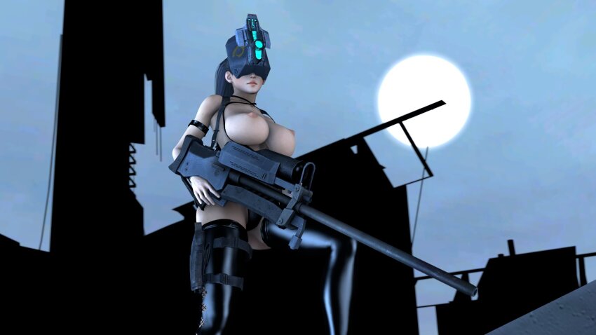 3d ass bare_shoulders breasts bustmaster_ cleavage collarbone crossover erect_nipples expressionless female_only femsub gun half-life_2 huge_breasts hypnotized_dom long_hair momiji_(ninja_gaiden) ninja_gaiden solo source_filmmaker tech_control thighhighs valve