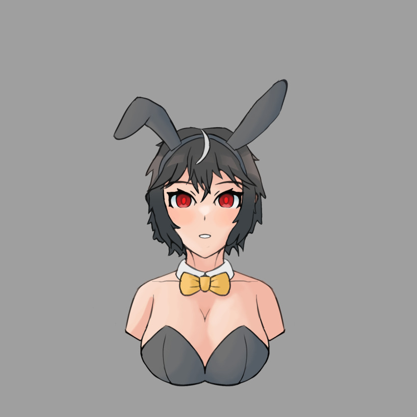 absurdres black_hair breasts bunnysuit cleavage empty_eyes everes_(zires) expressionless female_only femsub glowing glowing_eyes open_mouth original red_eyes short_hair solo tomboy zires