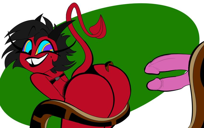 ass ass_focus bent_over black_lipstick colorrings disney happy_trance helluva_boss horns imp kaa kaa_eyes large_ass lingerie millie_(helluva_boss) red_skin short_hair smile tail the_jungle_book