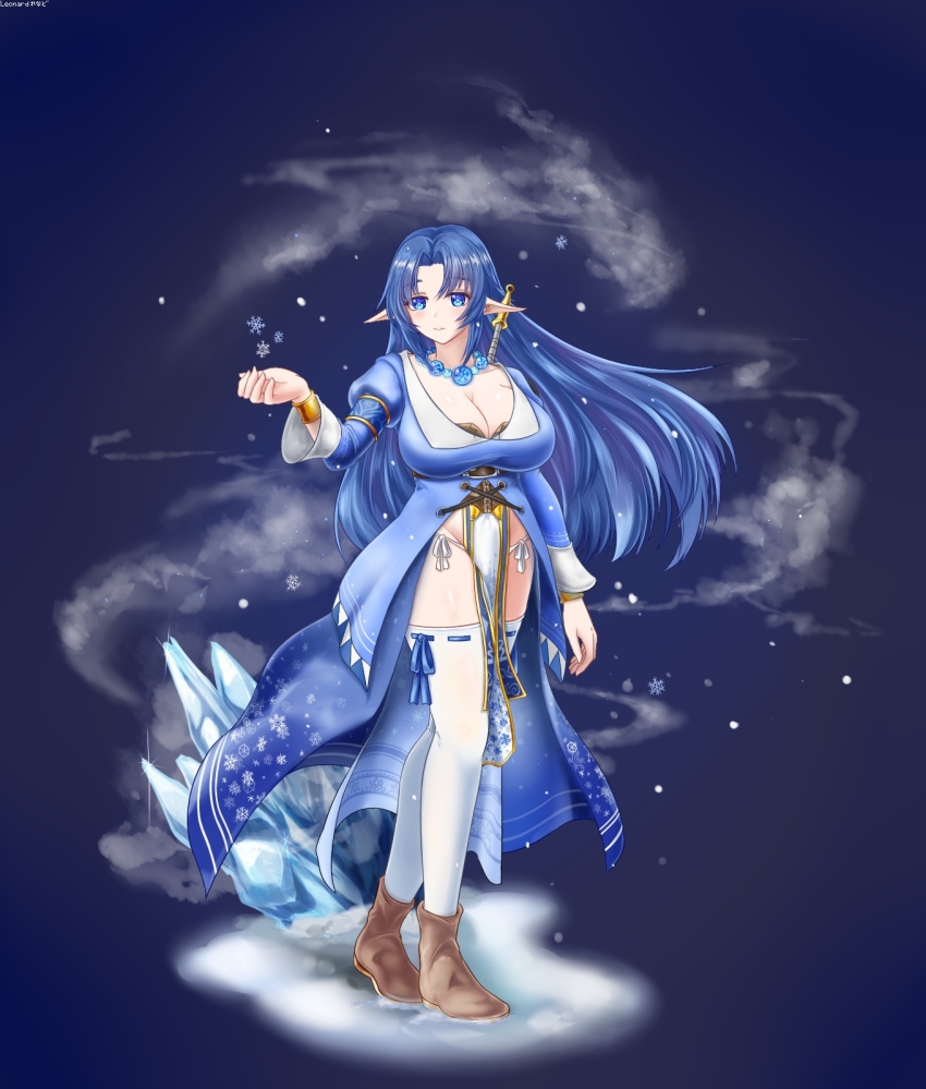 blue_eyes blue_hair blush boots bracelet breasts cleavage clothed corset dress elf elf_ears female_only femsub gradient_background huge_breasts leonard_elona loincloth magic original panties signature simple_background snow solo symbol_in_eyes thighhighs thighs veloce_(leonard_elona) very_long_hair watermark weapon
