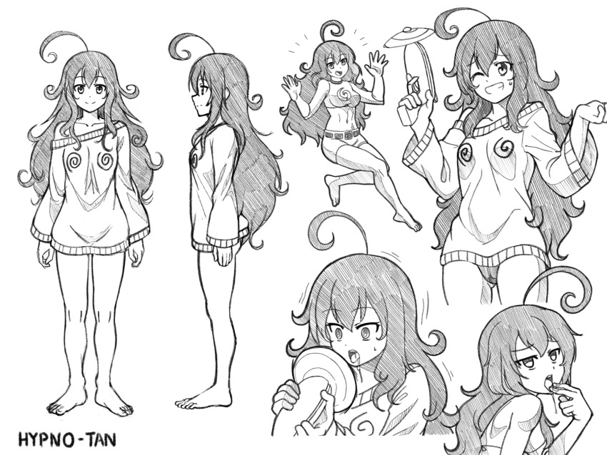 ahoge bare_legs barefoot black_hair curly_hair drool feet female_only femsub gloves greyscale hypno-tan hypnotic_gun legs midriff monochrome multiple_views myuk open_mouth original panties raygun reference_sheet self_hypnosis spiral_eyes symbol_in_eyes text tongue tongue_out traditional underwear