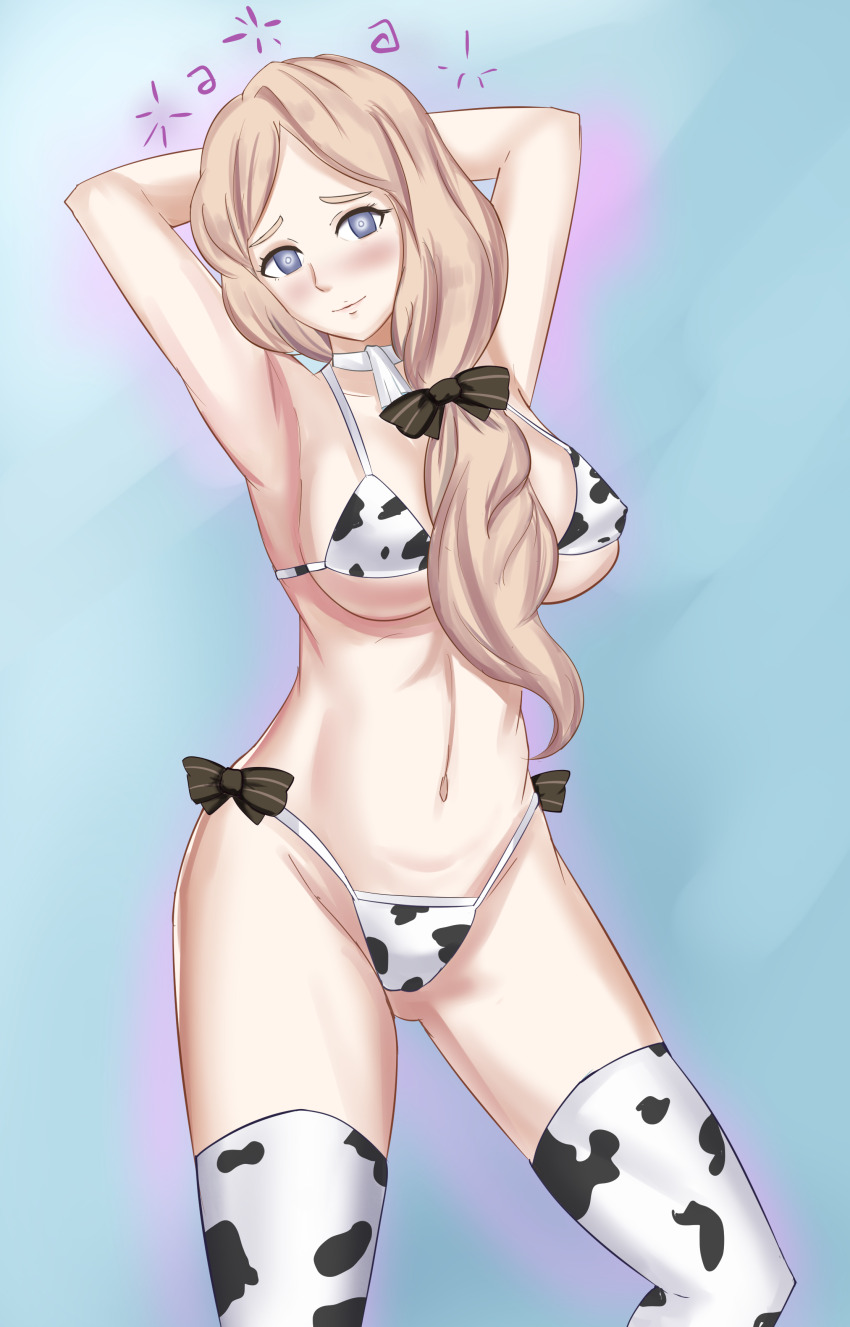 absurdres bikini blonde_hair blue_eyes breasts clothed_exposure cow_girl empty_eyes female_only femsub fire_emblem fire_emblem_three_houses happy_trance large_breasts long_hair mercedes_von_martritz micro_bikini midriff nintendo smeef smile thighhighs