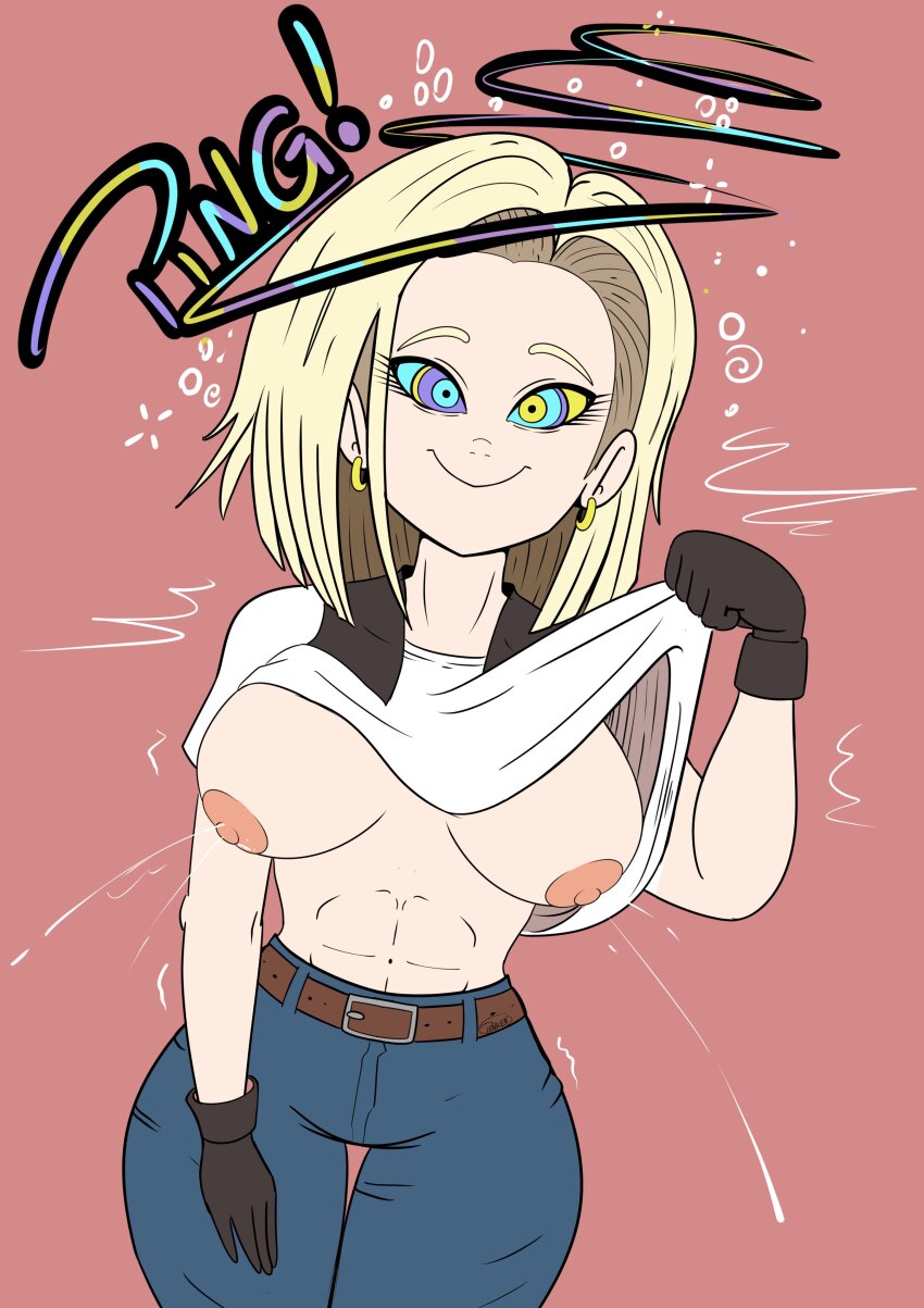 abs android_18 blonde_hair breasts dragon_ball dragon_ball_z female_only femsub happy_trance kaa_eyes nipples penken ping shirt_lift short_hair solo