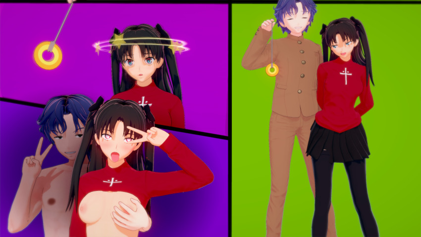 3d akaoni0123 before_and_after black_eyes blue_hair breast_grab breasts breasts_outside brown_hair clothed coin comic confused cross evil_smile exposed_chest eye_roll fate/stay_night fate_(series) femsub glowing_eyes green_eyes heart_eyes koikatsu! long_hair maledom miniskirt nude pendulum red_eyes right_to_left rin_tohsaka ring_eyes school_uniform shinji_matou short_hair simple_background skirt smile tongue tongue_out twintails v
