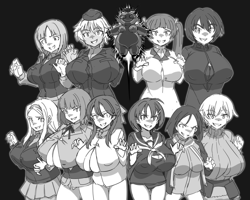 breast_expansion character_request corruption evil_smile female_only femsub large_breasts military_hat military_uniform monochrome strike_witches zombie