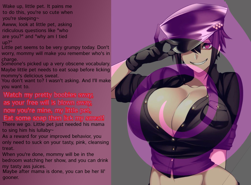 beret black_hair breasts camui_kamui caption caption_only cleavage evil_smile female_only femdom hat huge_breasts hypnotic_breasts large_breasts looking_at_viewer male_pov manip military_uniform original pov pov_sub purple_eyes smile text yandere