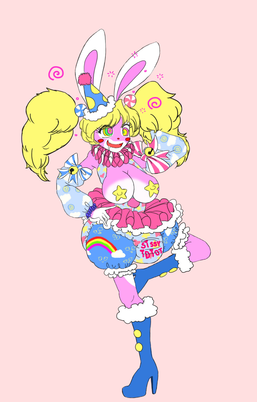 absurdres androgynous blonde_hair breasts bunny_boy diaper drool furry happy_trance hat high_heels large_breasts luckyluckyluckypenny male_only malesub multicolored_eyes open_mouth original rael_bunni ring_eyes twintails
