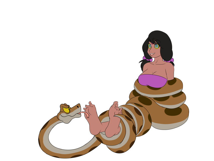 aged_up bare_shoulders barefoot cleavage coils dark_skin disney feet foot_focus foot_licking foot_worship forked_tongue happy_trance kaa katsiika laughing open_mouth shanti smile snake tail the_jungle_book tickling twintails
