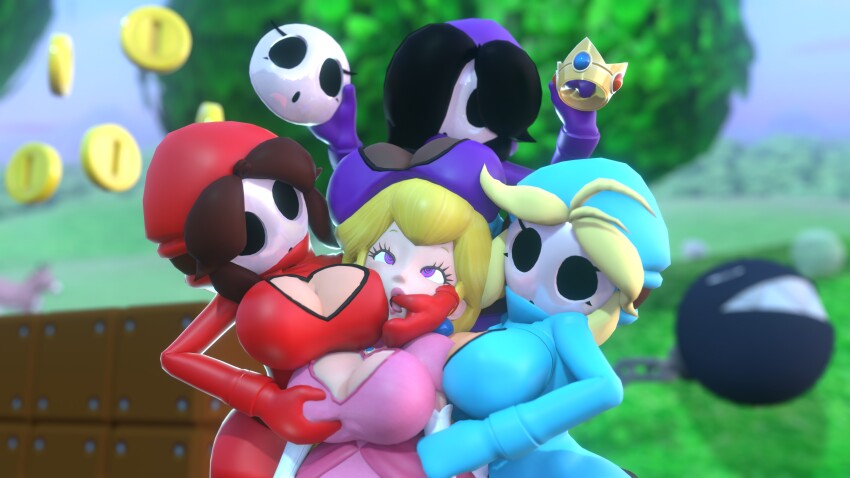 ahegao black_hair black_skin blonde_hair breast_grab breasts brown_hair chain_chomp cleavage cleavage_cutout distortingreality dress earrings femdom femsub finger_in_mouth gloves large_breasts mask nintendo possession princess princess_peach shyguy spiral spiral_eyes super_mario_bros. symbol_in_eyes tongue tongue_out white_skin yellow_skin yuri