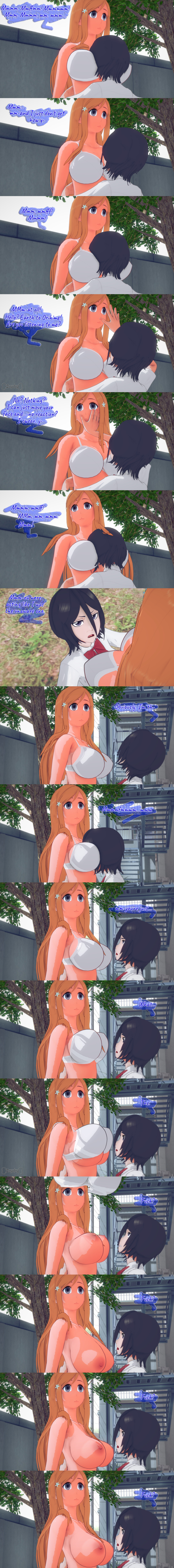 absurdres altered_perception black_hair bleach bouncing_breasts bra breasts clothed confused dialogue dogdog empty_eyes english_text expressionless female_only femsub grey_eyes long_hair multiple_girls multiple_subs nipples nude orange_hair orihime_inoue outdoors purple_eyes rukia_kuchiki school_uniform short_hair text unaware underwear undressing