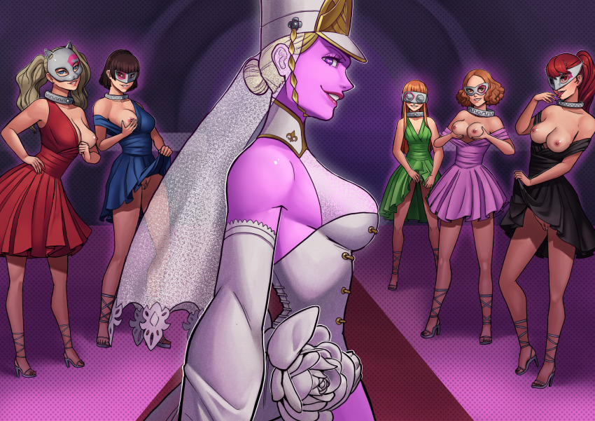 ann_takamaki breast_grab breasts breasts_outside clothed_exposure corruption dress evil_smile femdom femsub futaba_sakura groping haru_okumura looking_at_viewer makoto_niijima marie_anto persona_(series) persona_5 persona_5_tactica purple_skin razillion sumire_yoshizawa wedding_dress