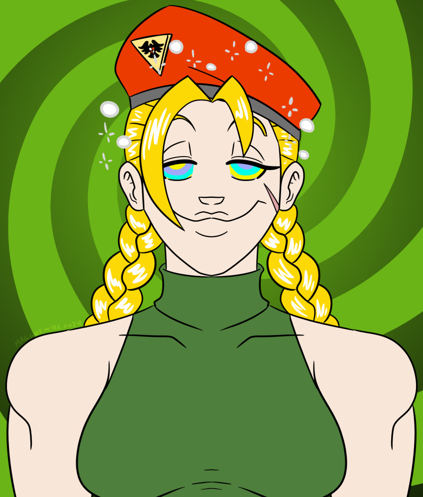 absurdres bare_shoulders beret blonde_hair braid bubble cammy_white capcom clothed collarbone femsub happy_trance hat heavy_eyelids kaa_eyes leotard maggotmike muscle_girl scar smile sparkle spiral_background street_fighter twin_braids twintails
