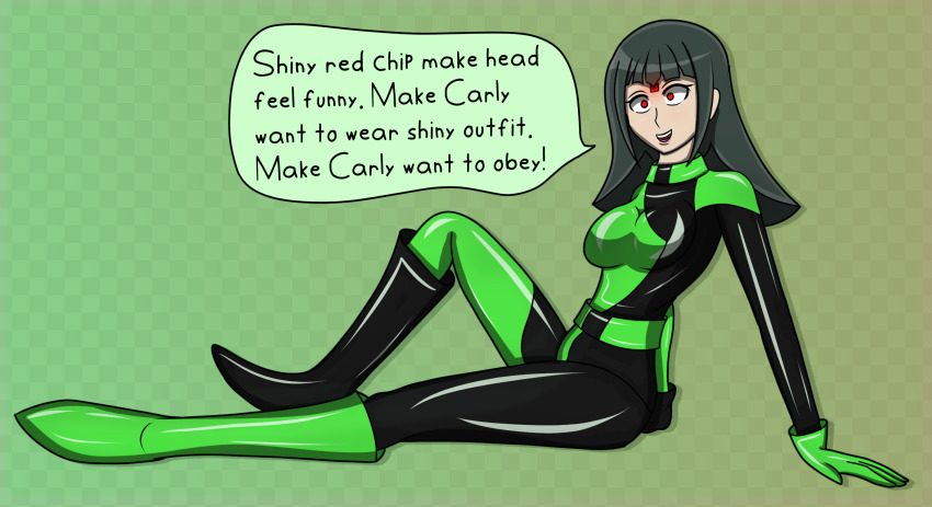 bangs black_hair bodysuit boots brain_drain breasts carly_carmine clothed cosplay dialogue femsub gloves glowing happy_trance hy2300 kim_possible_(series) knee-high_boots long_hair microchip open_mouth red_eyes shego simple_background sitting smile speech_bubble straight-cut_bangs text yu-gi-oh! yu-gi-oh!_5d's