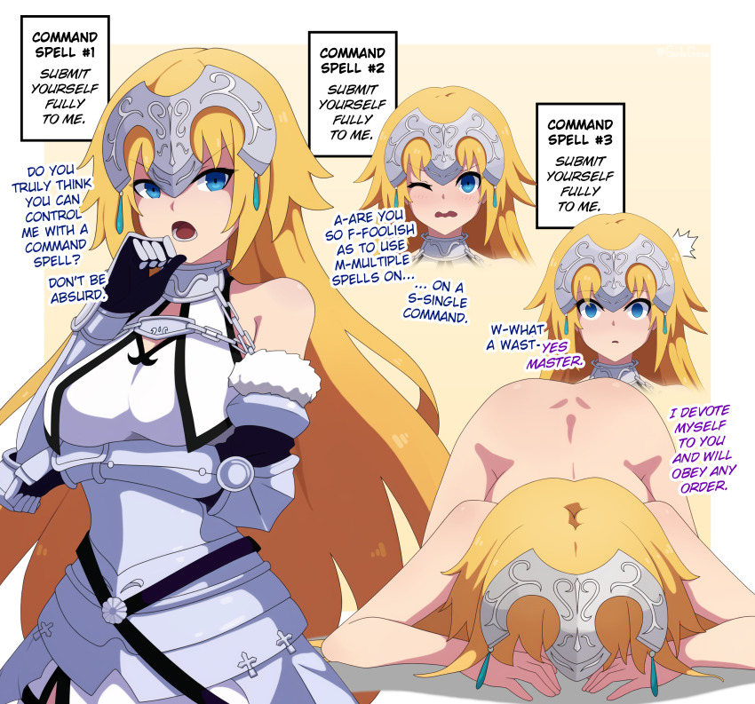 absurdres ai_art all_fours armor ass blonde_hair blue_eyes border chains comic command_seal dialogue empty_eyes fate/grand_order fate_(series) femsub gauntlets gradient_background guilegaze_(generator) guilegaze_(manipper) jeanne_d'arc_(fate) kneeling long_hair nude prostration resisting text trigger